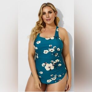 Meet Curve NWT Green H-Back Sarong Front One Piece Swimsuit X-large